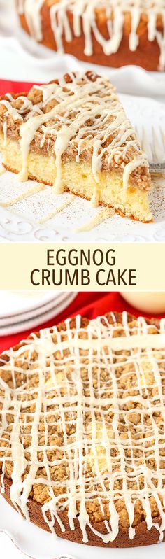 an eggnog crumb cake with icing on top is shown in two separate images