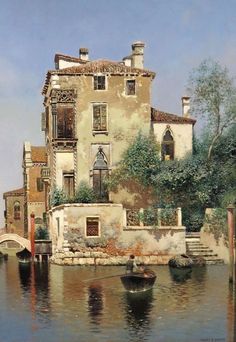 a painting of a house on the water