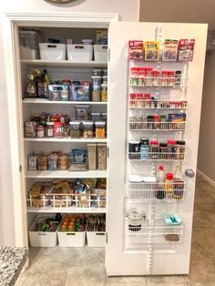 an organized pantry in the corner of a kitchen