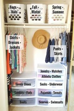 an organized closet with clothes and hats