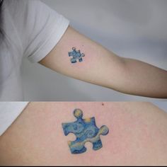 two pictures of the same piece of a tattoo on someone's arm, one with a puzzle piece in it