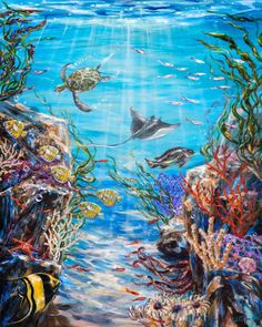 an underwater scene with sea animals and fish