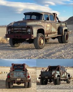 four different pictures of an old truck in the desert