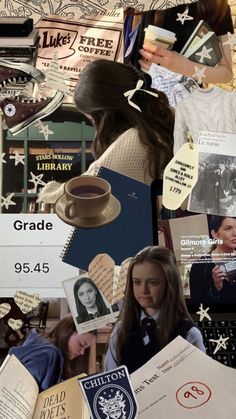 a collage of books, papers and pictures