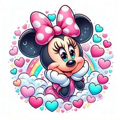 a cartoon minnie mouse with hearts around her