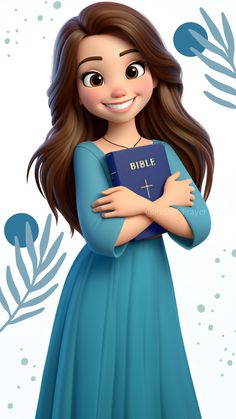 a cartoon girl in a blue dress with her arms crossed, smiling and holding a bible