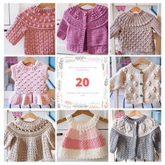 crochet baby sweaters are shown in different colors