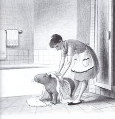 a drawing of a woman cleaning a bear's fur with a rag on the floor