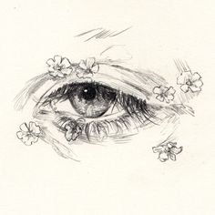 a pencil drawing of an eye with flowers around it