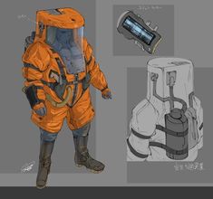 an orange space suit and other items are shown in this drawing, including a flashlight