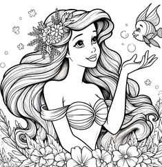 ariel from the little mermaid coloring page with flowers and fish in her hair, on white background