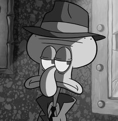 an animated image of a man in a hat and trench coat standing next to a door