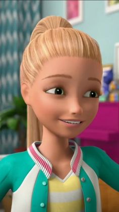 a cartoon character with blonde hair and blue eyes, wearing a green cardigan sweater