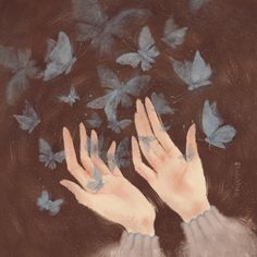 two hands reaching for blue butterflies on a brown background with pink and gray colors,