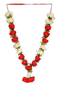 a red and white necklace with roses on it