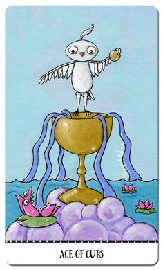 the ace of cups with an owl sitting on it's head and holding a wand