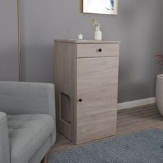 a living room with a chair and a cabinet in front of a window on the wall