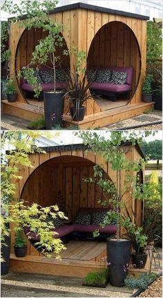 two pictures of a wooden structure with purple cushions and plants in the middle, one is made out of wood
