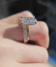 10x7 MM Radiant Cut Diamond Engagement Ring Set, Hidden Halo, 18k Rose Gold, Solitaire Moissanite Ring, Women's Cluster Style Bridal Set by MarutijewelIN ✦   DESCRIPTION: ● Center Diamond : * Stone Cut: Radiant Cut * Carat Size: 3.30 CT (Approx)  * Stone Size: 10x7 MM (Approx) type: 100% hand cut, polished, and finished moissanite ✦ special note: * All listed jewelry in Jewel is made to order. * Please allow us 1-2 weeks processing time as it is customized only for you. * You Can Also Select different sizes of stone and shapes, we will make it a perfect shape with a Cut of stone for Your jewelry.  * You can make customized jewelry with us in a few easy steps. ➳   Send us a jewelry image or discussed with us Your Selected design of jewelry  ➳   We will make CAD and will send you for approva Radiant Engagement Ring And Band, Radiant Ring Set, Radiant Rectangle Engagement Ring, Radiant Wedding Ring Set Stack, Radiant Cut Wedding Set, Radiant Wedding Ring Set, Rectangle Engagement Rings, Radiant Wedding Rings, Cathedral Setting Engagement Ring