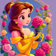 the princess from beauty and the beast is holding a vase with roses around her neck