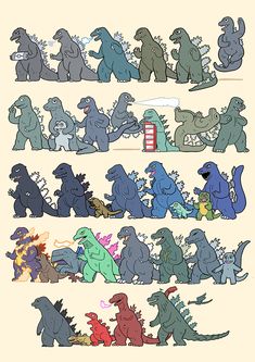 the godzillas are all different colors and sizes