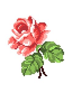 a cross stitch rose with green leaves