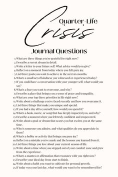 Had my first quarter-life crisis this week—felt lost, didn't know what to do. Found comfort in the little things I could control: cleaned my place, hit the gym, cleared unread messages—anything for a hint of joy and order. Lesson learned: embrace the chaos. Take a moment to soak it in, then grab that pen and journal. Write about where you are, where you've been, and where you're headed. So much can happen in a small amount of time! #journaling #questions #quarterlife #healing #reflecting Quarter Life Crisis Quotes, Quarterlife Crisis, Journaling Questions, Unread Messages, Healing Journaling, Journal Questions, Quarter Life Crisis, Mental Health Facts, Lesson Learned