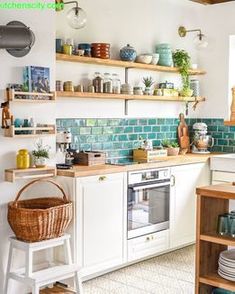 a kitchen filled with lots of open shelves