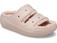 Crocs Classic Cozzzy Sandal - Shoes : Pink Clay : Stylish Sandal The Classic Cozzzy Sandal features a soft, fuzzy liner, style-forward heightened outsoles and two upper straps that offer enhanced foot security. Seven holes on each sandal allow for maximum personalization with Jibbitz charms, while Croslite foam construction keeps them light and easy to wear. Enjoy our slip on design that is perfect for those on-the-go. Skip the hassle trying to tie, velcro, or snap your shoes with our Cozzzy San Classic Cozzzy Sandal, Crocs Slippers, Sandal Shoes, Fuzzy Slippers, Stylish Sandals, Shoes Pink, Pink Clay, Crocs Classic, New Classic