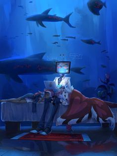 a man sitting on a bed in front of a tv with sharks swimming around him