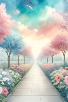 a painting of a pathway leading to the sky with trees and flowers on both sides