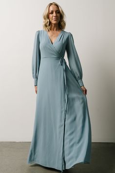 Kelsey Wrap Dress | Dusty Blue Brides Maid Dresses Blue, Dress Dusty Blue, Blue Dress Outfits, Dusty Blue Dress, Bridesmade Dresses, Wrap Dress Long Sleeve, Blue Wrap Dress, Dusty Blue Bridesmaid Dresses, Blue Bridesmaid Dress