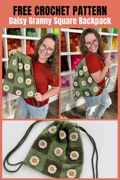 a crochet granny bag with flowers on it and the text, free crochet pattern daisy granny square backpack
