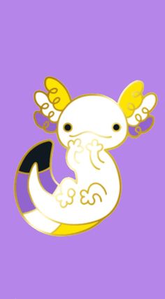 a white and yellow animal sitting on top of a purple background