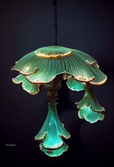 a green chandelier hanging from a black ceiling in a room with dark walls