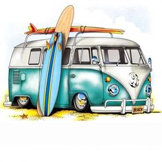 an old vw bus with a surfboard strapped to it