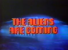 the aliens are coming title screen in an old school television show, with neon text