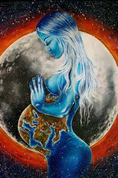 a painting of a woman holding the earth in her hands and looking at the moon