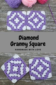 two crocheted squares with the words diamond granny square on them, and three balls of