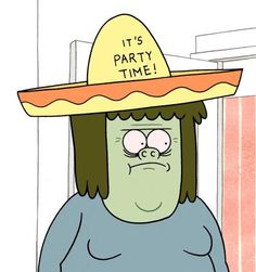 a cartoon character wearing a hat that says it's party time