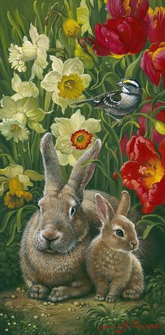 two rabbits sitting next to each other in front of flowers and birds on a green background