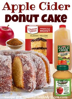 an advertisement for apple cider donut cake