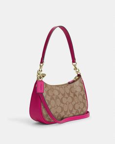 COACH® | Teri Shoulder Bag In Signature Canvas Pink Vintage Coach Bag, Coach Pink Purse, Cute Coach Bags, Coach Bags Handbags, Coach Teri Shoulder Bag, Pink Coach Bag, Shoulder Bag Aesthetic, Coach Mini Bag, Coach Cross Body Bag