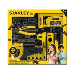 the stanley tool set is yellow and black in its box with two children standing next to it