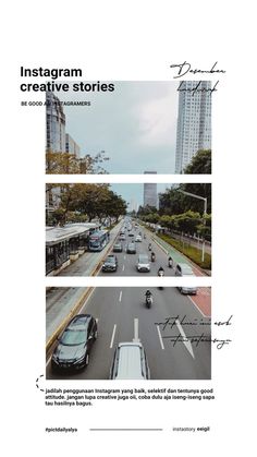 an advertisement for the instagramm creative stories program, with two pictures of cars driving down