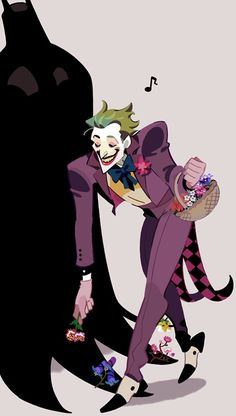 the joker is holding a basket with flowers in it's hand while standing next to a large black bat