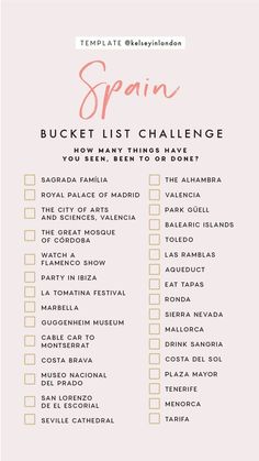 the spanish bucket list is shown in pink