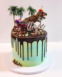 a dinosaur cake with chocolate icing and palm trees on the top that says broke