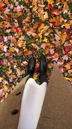 a person standing in front of a pile of leaves with their feet on the ground