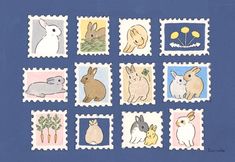 the stamps have pictures of rabbits and other animals on them, all in different colors